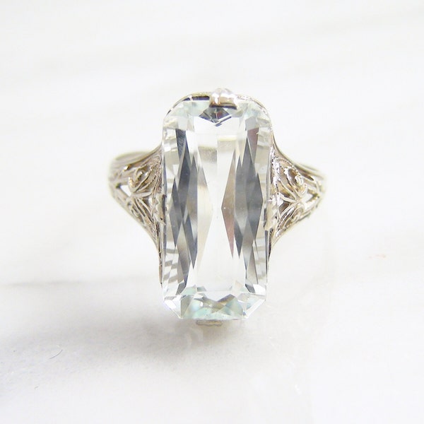 Antique 5 Carat Aquamarine Filigree Ring 14k White Gold/ Vintage Art Deco Edwardian