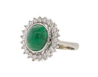 18k White Gold Oval Cabochon Colombian Emerald and Diamond Halo Ring