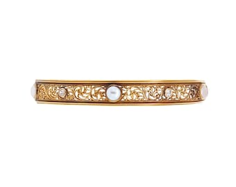 Old Mine Cut Diamond & Pearl Yellow Gold Bangle