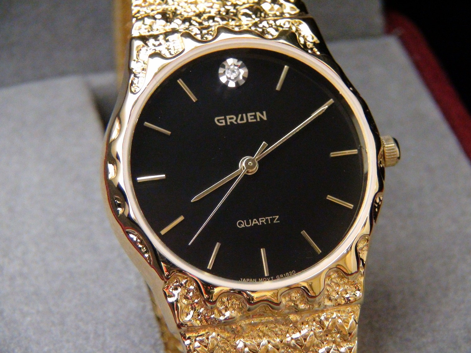 Mens Yellow Gold Plated Gruen Quartz Genuine Diamond Watch Etsy