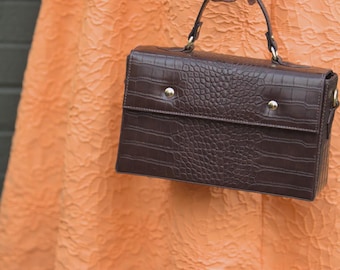 Croc-Embossed Leather Top Handle Bag: MIRA Crossbody Purse
