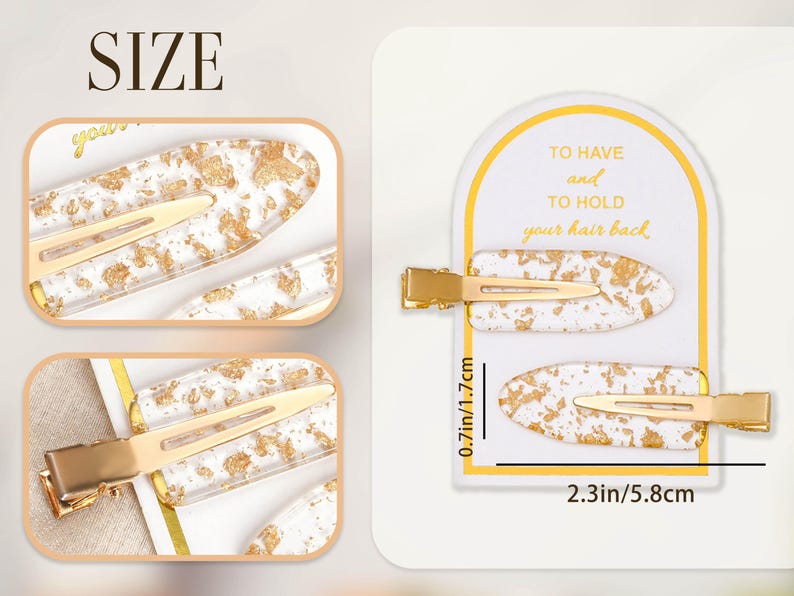 May include: Two white and gold hair clips with a gold clasp. The clips are 5.8cm long and 1.7cm wide. The text on the card reads "TO HAVE and TO HOLD your hair back."