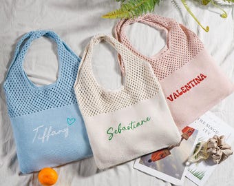 Sac de plage tricoté personnalisé avec nom brodé, sac fourre-tout au crochet personnalisé, cadeau de demoiselle d'honneur, cadeaux personnalisés, cadeaux de mariage