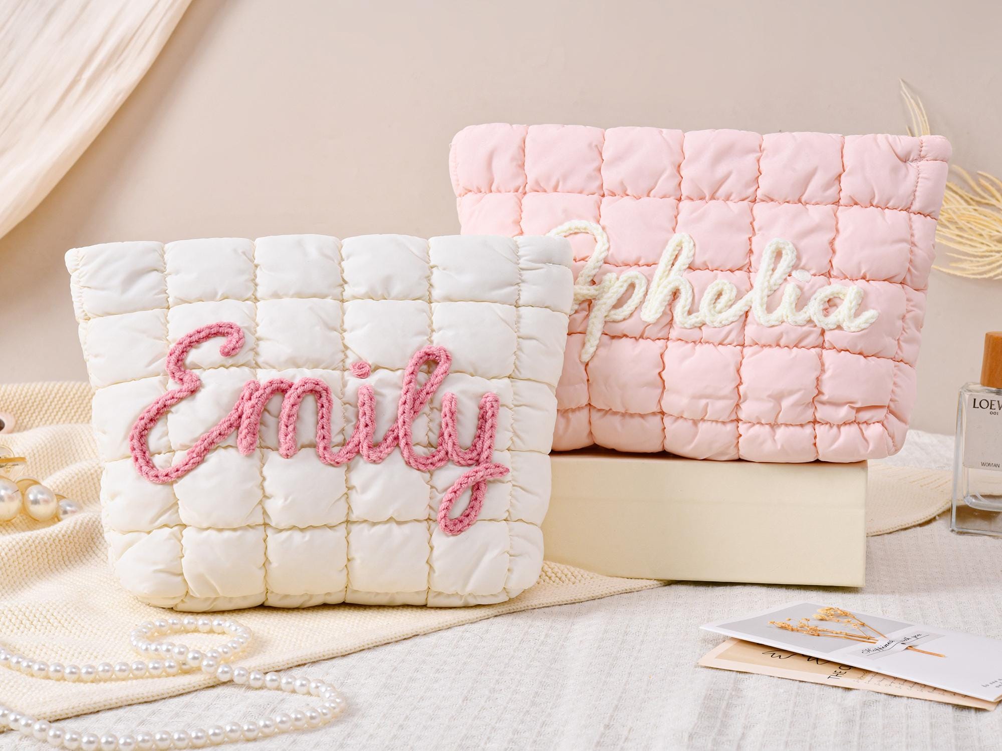 Discover Personalized Quilted Nylon Makeup Bag, Embroidered Travel Cosmetic Bag, Bridesmaid Gift, Puffer Toiletry Bag for Her