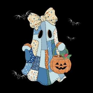 May include: A patchwork ghost illustration with a floral bow, carrying a jack-o'-lantern bucket. The ghost is made of blue, orange, and floral patterned fabric. Bats fly in the background against a black backdrop. A whimsical Halloween design.