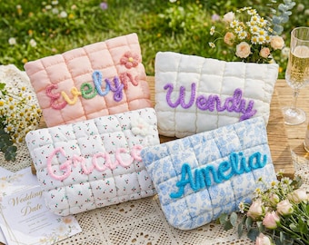 Personalized Name Makeup Bag,Custom cosmetic Bag,Bridesmaid Gift Bag,Travel Makeup Bag,Puffer Makeup Bag,Gift for Her,Quilted Makeup Bag