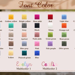 May include: A colour chart displaying a range of yarn colours, such as light pink, golden yellow, and red. The text "Font Color" is at the top. Below are the names "Evelyn" and "Cecilia" with "Multicolour 1" and "Multicolour 2" below them.