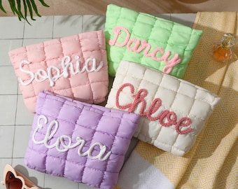 Personalized Quilted Makeup Bag,Embroidered Cosmetic Puffer Pouch,Bridesmaid Travel Toiletry Bag,Bridesmaid Gift
