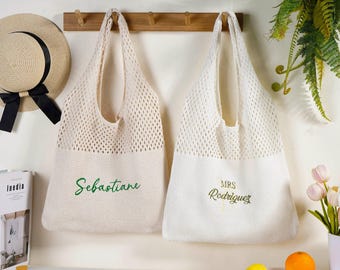 Sac au crochet personnalisé,Sac de plage avec nom brodé,Cadeau de demoiselle d'honneur,Sac fourre-tout au crochet personnalisé,Bons cadeaux,Sac de plage tricoté
