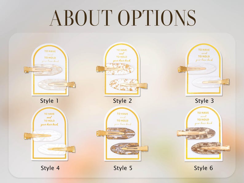 May include: A selection of six hair clips, each with a gold-coloured metal clasp and an oval decorative element. The display includes the text "ABOUT OPTIONS" and "TO HAVE and TO HOLD your hair back."