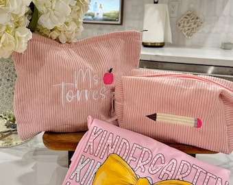 Custom Teacher Pouch Set – Personalized Corduroy Makeup & Pencil Bags – Back to School Teacher Gift