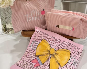 Poppin’ Pink Teacher Gift Set – Custom Pouch Set + Grade Level T-Shirt – Personalized Back to School Gift