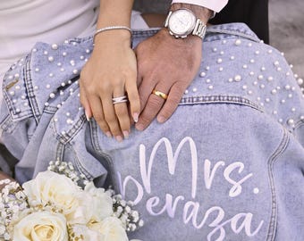 Bridal Pearled Denim Jacket – Custom Bride Jean Jacket with Pearls | Bachelorette, Wedding Day, or Bridal Shower Gift