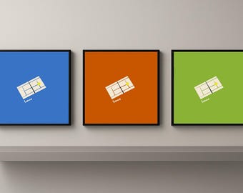 May include: Three framed square prints with tennis court illustrations. Each print features a tennis court design with a yellow ball and the word "Tennis" in white. The backgrounds are blue, orange, and green.