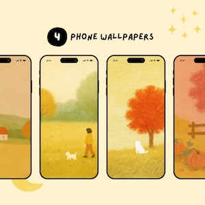 May include: Four phone wallpapers with autumn-themed illustrations. Each phone displays a different scene: a house in a field, a person walking a dog, a tree with a dog, and pumpkins with a fence. The text "PHONE WALLPAPERS" is above the phones.