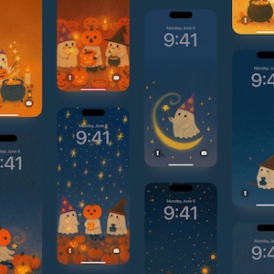 Op de afbeelding: Een verzameling telefoonvergrendelschermontwerpen met een Halloween-thema. Elk ontwerp bevat illustraties van geesten, pompoenen en sterren. De tijd wordt weergegeven als "9:41" op maandag 6 juni.