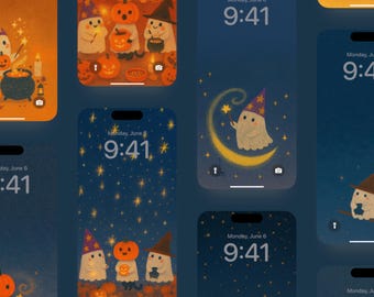 Paquete de fondos de pantalla de fantasmas de Halloween, lindas brujas con calabazas, espeluznantes, descarga digital, fondo de pantalla de bloqueo para iPhone y Android