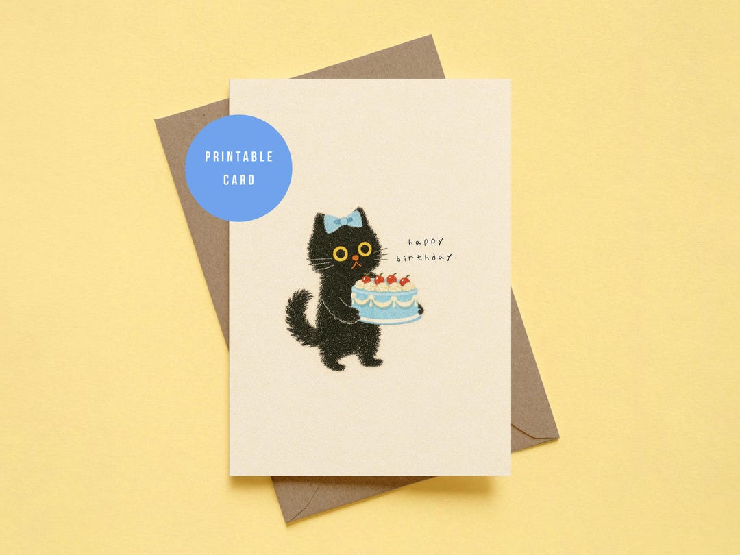 Black Cat Birthday Card Printable | Cute Minimal Cat Cake Card ...