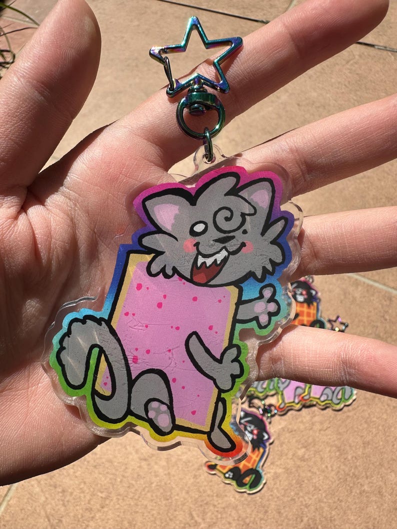 May include: A clear acrylic keychain featuring a cartoon cat holding a pink rectangular pastry. The cat is gray with a smiling face and a rainbow outline. The keychain has a star-shaped iridescent clasp.