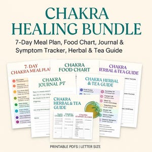 Könnte beinhalten: Eine Sammlung druckbarer PDFs mit dem Titel "Chakra Healing Bundle". Das Bundle enthält einen 7-Tage-Essensplan, eine Lebensmitteltabelle, ein Journal, einen Symptom-Tracker und einen Kräuter- und Tee-Guide. Die Dokumente sind weiß mit farbigen Akzenten.