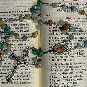 Handmade 22&quot; Dyed Agate and Stone Rose Rosary with Our Lady of Guadalupe Medal