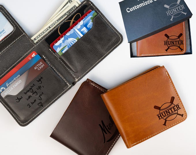 Baseball Gift for Boys, Custom Leather ID Wallet • Includes Customized Gift Box