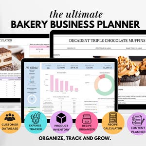 Puede incluir: Un planificador de negocios de panadería digital que se muestra en varias pantallas. Las pantallas muestran cálculos de recetas, datos financieros y una receta de muffins de chocolate triple decadentes. También se ven iconos de base de datos de clientes, seguimiento de gastos e inventario de productos.