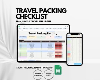 Verpackungsvorlage, bearbeitbare Reisevorlage, Packliste und Reiseplaner, digitaler Reise- und Urlaubsplaner, Google Sheets Tabelle
