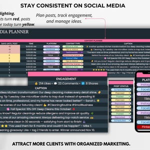 May include: A social media planner graphic with a dark background. It includes a calendar, content planner, and engagement metrics. The text highlights consistent posting, engagement tracking, and organized marketing for client attraction.