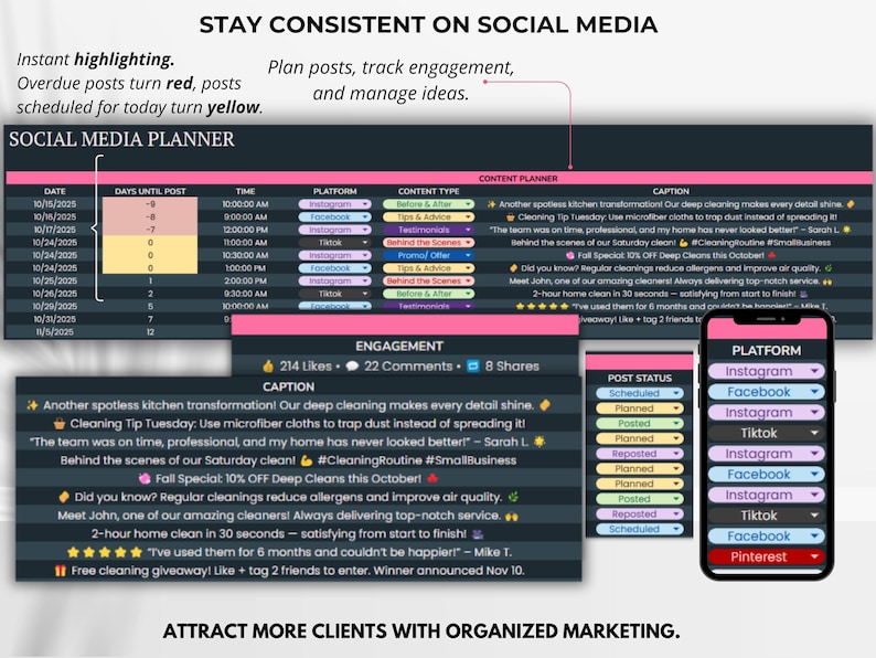 May include: A social media planner graphic with a dark background. It includes a calendar, content planner, and engagement metrics. The text highlights consistent posting, engagement tracking, and organized marketing for client attraction.