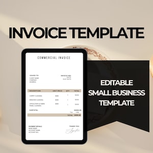 Puede incluir: Una plantilla de factura digital en una tableta, con las palabras "Plantilla de factura" en la parte superior. La factura incluye campos para la información del cliente, la descripción, el precio unitario y el total. Un bolígrafo dorado y un objeto decorativo también están en la imagen.