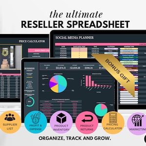 Op de afbeelding: Digitale reseller spreadsheet weergegeven op meerdere schermen. De spreadsheet bevat secties voor prijsberekening, social media planning en bedrijfsoverzicht. De afbeelding bevat ook pictogrammen voor leverancierslijsten, winst & verlies, productinventaris en marketing.