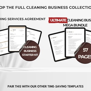 May include: Image of a cleaning business collection with digital templates on tablets. The text includes "Cleaning Services Agreement", "Cleaning Business Starter Kit", and "Ultimate Cleaning Business Mega Bundle". The bundle includes 57 pages.