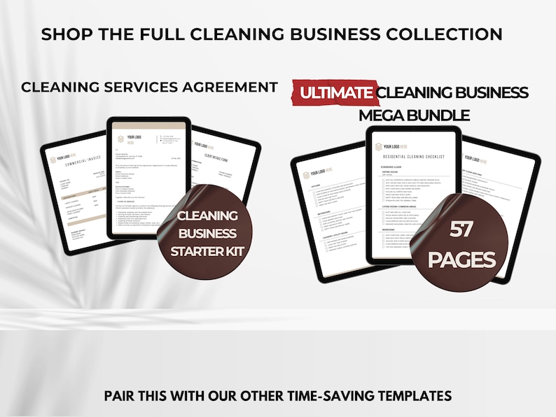 May include: Image of a cleaning business collection with digital templates on tablets. The text includes "Cleaning Services Agreement", "Cleaning Business Starter Kit", and "Ultimate Cleaning Business Mega Bundle". The bundle includes 57 pages.