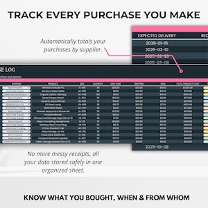 Purchase log tab with order history, supplier info, and total spending — track all product purchases with precision.