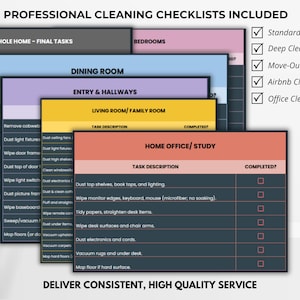 May include: A stack of cleaning checklists with headings like "Whole Home," "Dining Room," and "Home Office." The checklists include tasks and a "Completed?" checkbox. Text at the top reads "Professional Cleaning Checklists Included."