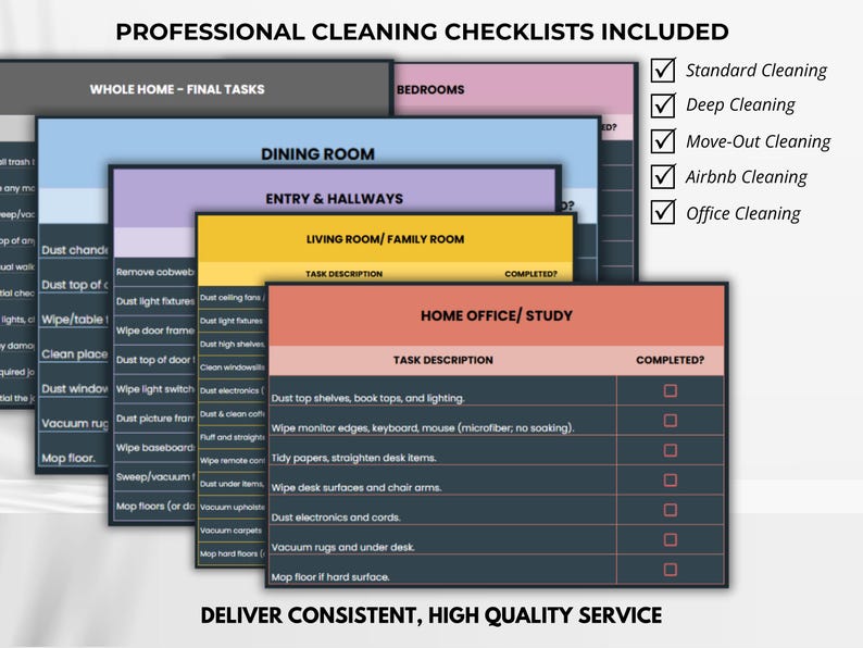 May include: A stack of cleaning checklists with headings like "Whole Home," "Dining Room," and "Home Office." The checklists include tasks and a "Completed?" checkbox. Text at the top reads "Professional Cleaning Checklists Included."