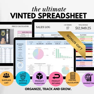 May include: A digital spreadsheet interface with the text "the ultimate VINTED SPREADSHEET." The interface displays sales logs, price calculators, and business overviews. Colorful icons and the text "ORGANIZE, TRACK AND GROW" are also present.