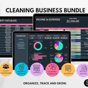 Pode incluir: Um pacote digital para empresas de limpeza exibido em três telas. As telas mostram bancos de dados de clientes, relatórios de receita e despesas e painéis. O pacote inclui recursos para gerenciamento de clientes, folha de pagamento, listas de verificação, agendamento e faturamento.