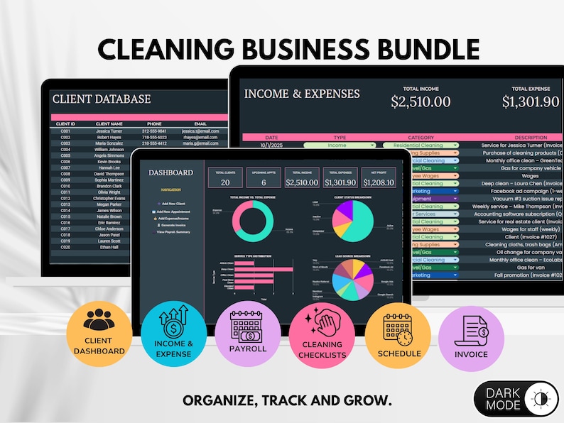 Cleaning business spreadsheet system dashboard overview showing income, expenses, and schedule tabs.