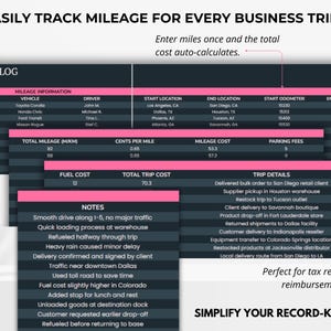 Mileage log tab for business trips — track miles and calculate total deductions automatically for tax savings.