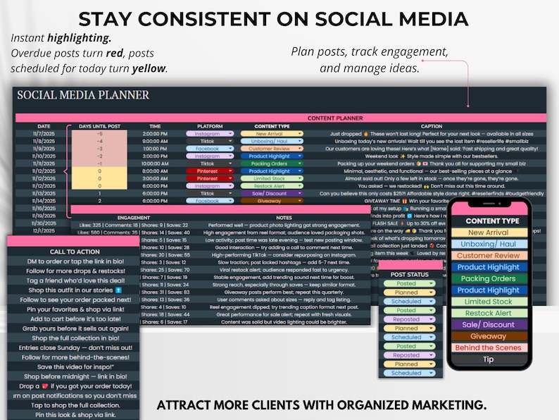 Social media planner for resellers showing post ideas, engagement tracking, and scheduling — stay consistent and grow visibility.