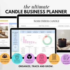 May include: Digital candle business planner displayed on multiple screens. The screens show candle information, financial data, and a burning candle. The planner includes features like a customer database, expense tracker, and product inventory. Text reads: "the ultimate CANDLE BUSINESS PLANNER."