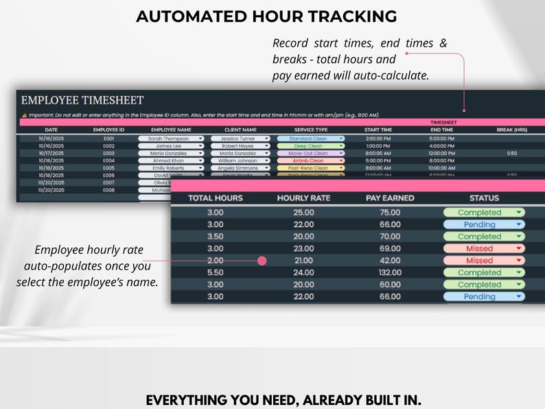 Invoice template for cleaning business with auto-calculated totals and client details.