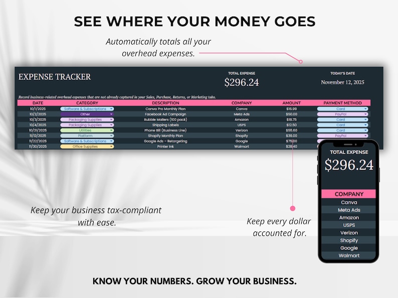 Expense tracking spreadsheet with automatic monthly totals and category breakdowns — gain full clarity on your spending.