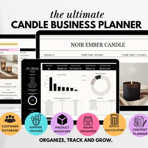 May include: A digital candle business planner displayed on multiple screens. The screens show candle information, sales data, and a candle with a lit wick. The planner includes sections for customer database, expense tracker, product inventory, recipe organizer, batch calculator, and content planner.