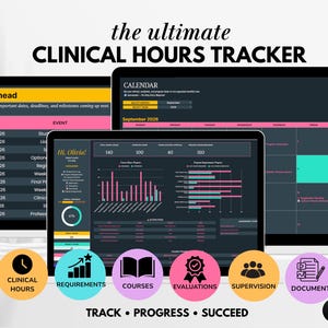 May include: A digital clinical hours tracker displayed on three laptop screens with dark mode interfaces. The screens show calendars, bar charts, and progress metrics. Six circular icons labeled Clinical Hours, Requirements, Courses, Evaluations, Supervision, and Documents are arranged below the screens.