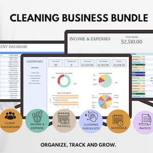 May include: A digital cleaning business bundle with a client database, income and expense tracker, and dashboard. The image includes the text "CLEANING BUSINESS BUNDLE" and "ORGANIZE, TRACK AND GROW."