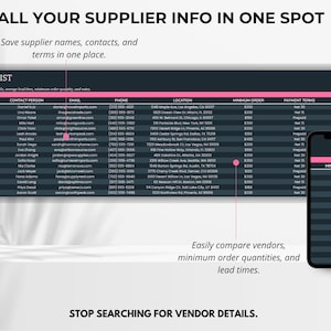 Supplier contact list organized by name, email, and notes — easily manage and reorder from trusted vendors.