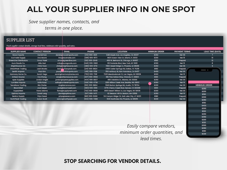 Supplier contact list organized by name, email, and notes — easily manage and reorder from trusted vendors.